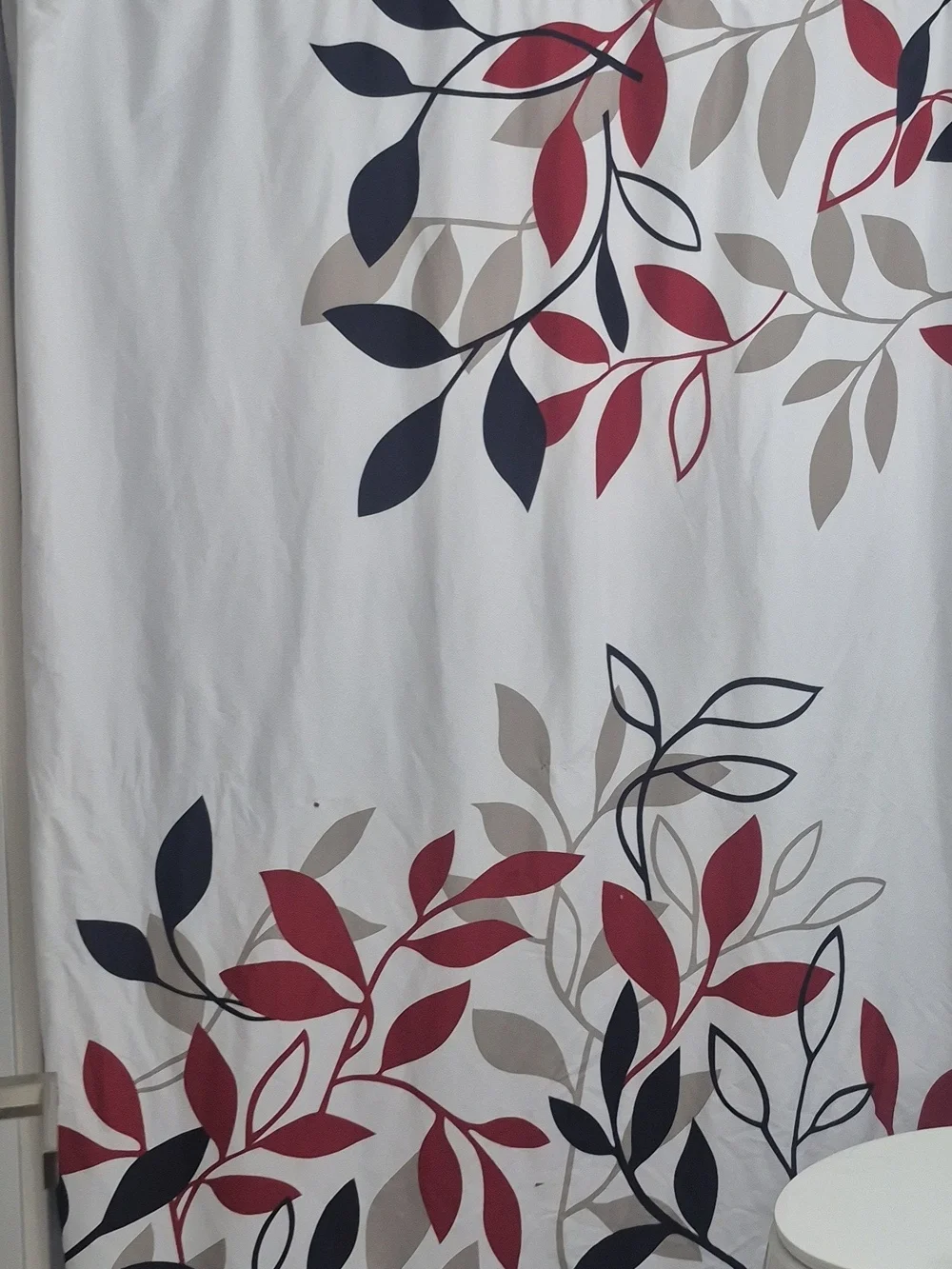 Contemporary Leaf-Print Shower Curtain in Red, Navy & Taupe